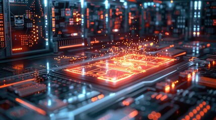 A moody, immersive AR simulation of a quantum processor at work, with data flowing in holographic streams, 3D illustration. Generative AI.