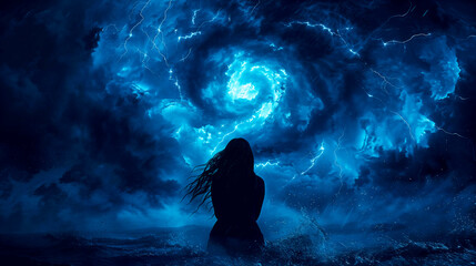 Silhouette of a woman is sitting amidst a cyclone, surrounded by thunder, waves, and a vortex symbolizes the chaos, frustration, mental disorder and turmoil one may feel