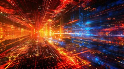 Fototapeta premium futuristic LED with red and blue lights creating a glowing skyline