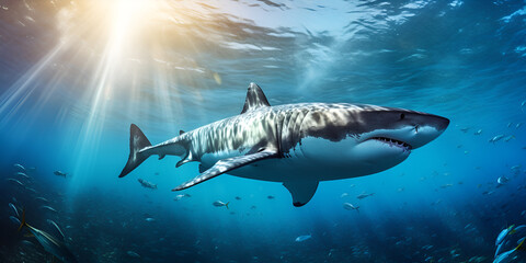 Great white predator shark swimming in the blue sea ocean near the surface of the water background
 - obrazy, fototapety, plakaty
