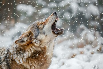 Portrait of a wolf howling at the camera in winter forest