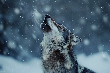 Portrait of a wolf howling in the snow in winter forest - obrazy, fototapety, plakaty