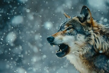 Portrait of a wolf howling in the snowy forest,  Wild animal