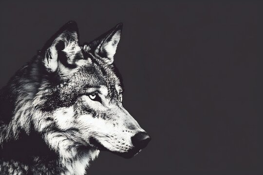 Portrait of a wolf on a black background,  Black and white photo