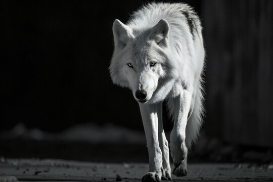 White wolf in black and white photo,  Wildlife scene from nature