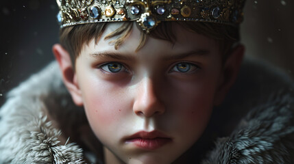 王冠を被った真剣な表情の少年の顔のクローズアップ