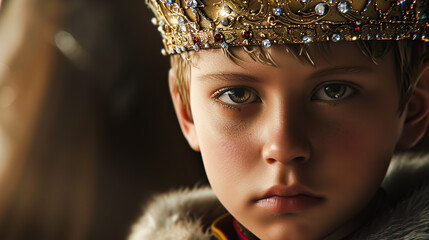 王冠を被った真剣な表情の少年の顔のクローズアップ