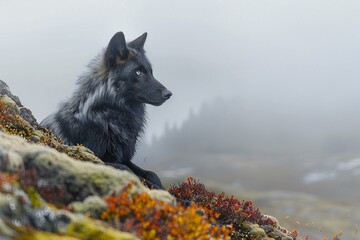 Black wolf sitting on a rock in a foggy mountain landscape