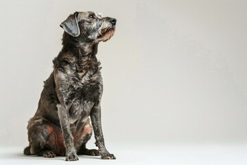 Studio portrait of a mixed breed dog sitting on gray background with copy space - obrazy, fototapety, plakaty