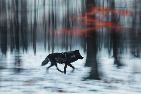 Black wolf running in the winter forest,  Blurred background,  Long exposure