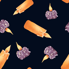 Watercolor seamless pattern featuring vibrant candles. Religious and Christmas-themed, with Halloween colors of orange and purple. Warm flames and dripping wax. for packaging, Dark background