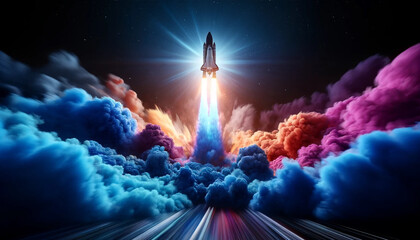 A colorful space shuttle is flying through a cloud of colorful smoke. Concept of excitement and wonder, as if the viewer is witnessing a real space launch