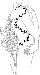 Hand drawn woman with flower illustration on transparent background.
