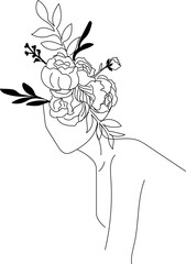 Hand drawn woman head with flower illustration on transparent background.
