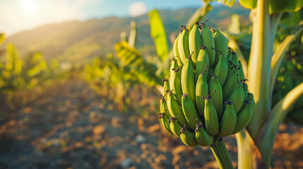 Green bananas growing on trees. Green tropical banana fruits close-up on banana plantation. Tenerife banana plantations in Tenerife, Canary islands, Spain. Agriculture and banana production concept. - obrazy, fototapety, plakaty
