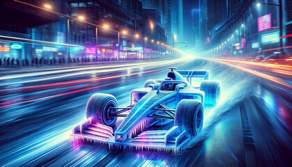 A car is racing down a street with neon lights in the background. The car is covered in ice and he is in a race