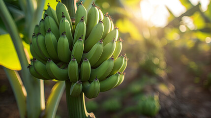 Naklejka premium Green bananas growing on trees. Green tropical banana fruits close-up on banana plantation. Tenerife banana plantations in Tenerife, Canary islands, Spain. Agriculture and banana production concept.