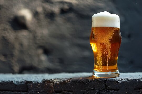 Glass of beer on a black brick wall background, close-up