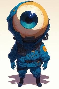 A blue cyclops wearing a yellow space suit