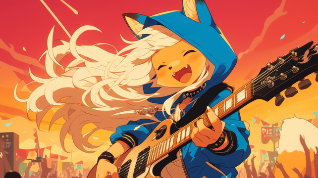 A cartoon fox girl playing the guitar on a big stage