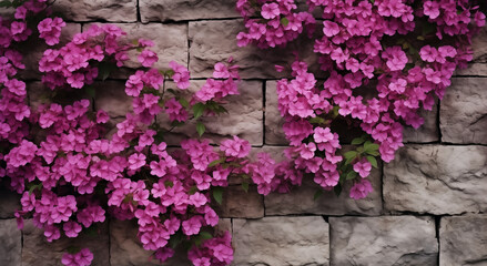 Fototapeta na wymiar Fuchsia flowers on a climbing vine covering a stone brick wall; background image
