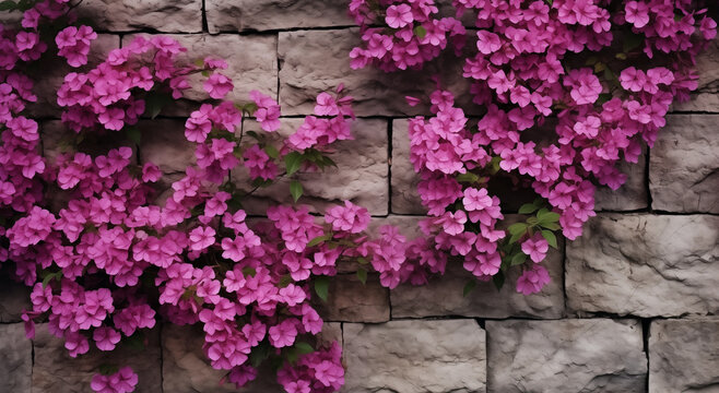 Fuchsia flowers on a climbing vine covering a stone brick wall; background image