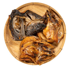 Dried fish in basket isolated on white background, Dried fish on White Background PNG file.