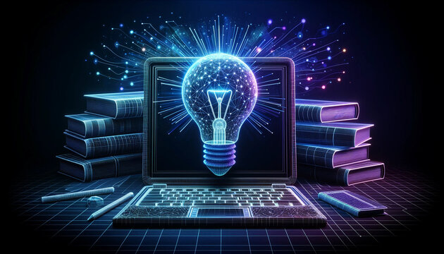A computer monitor displays a glowing light bulb on top of a stack of books. Concept of creativity and inspiration, as the light bulb is often associated with ideas and innovation