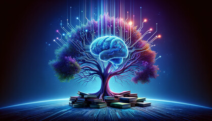 A tree with a brain on top of it. The tree is surrounded by books and has a blue background. Concept of knowledge and learning, as the brain represents intelligence - obrazy, fototapety, plakaty