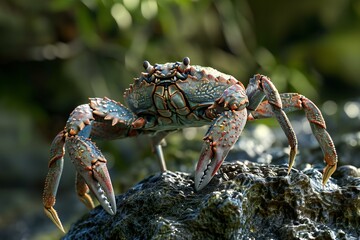 Closeup of a blue crab on a rock in the rainforest