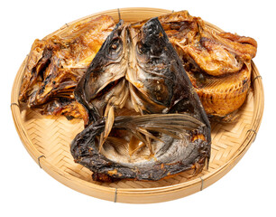 Dried fish in basket isolated on white background, Dried fish on White Background PNG file.