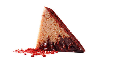  A slice of chocolate cake with red sauce on a white background