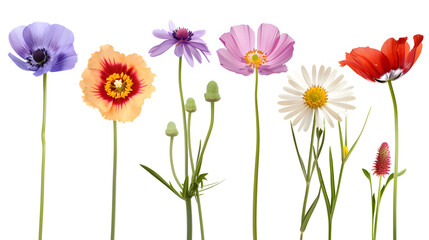 Collection of bright colorful flowers isolated on white background