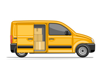 Vector illustration of Small Delivery Van, horizontal poster with profile side view commerce van with opened sliding door and carton boxes stack in car, orange postal small van on white background