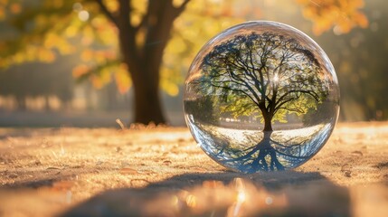 A close-up shot of a glassy globe nestled in the earth, cradling a tiny tree within its transparent confines.  - obrazy, fototapety, plakaty