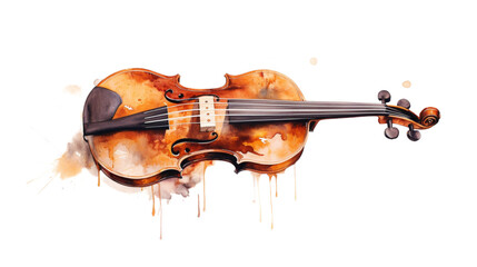 A violin with strings made of melting wax, watercolor clipart on white background no shadow