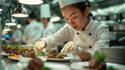 Female chef garnishing food in a professional restaurant kitchen.