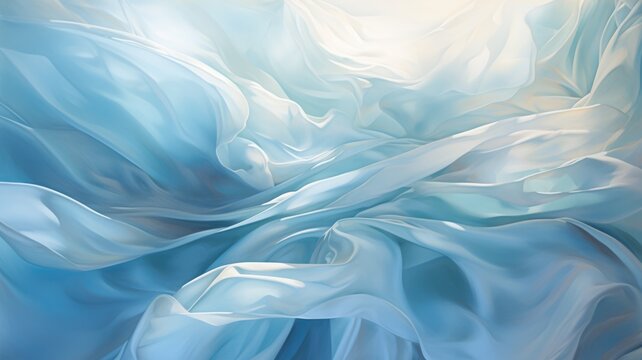 The abstract picture of the wavy blue fabric satin flexible clean cloth of the curtain that waving around under the light in the blank background of the bright room in the daytime of the day. AIGX01.
