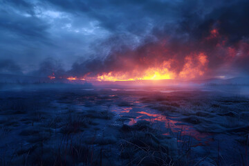 Apocalyptic Dusk:Raging Inferno Engulfs the Turbulent Horizon in a Cinematic Landscape - obrazy, fototapety, plakaty