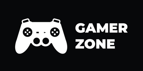 Gamer zone white sign age icon illustration isolated on horizontal black background. Simple flat sign drawing for prints.