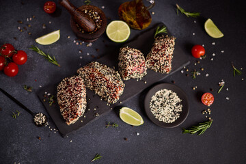 piece of tuna fillet covered with sesame seeds on a stone serving board before cooking