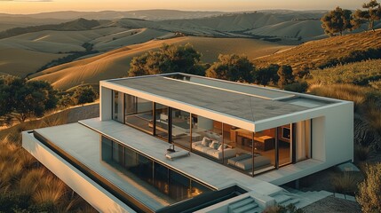 Drone view, minimalist glass room with swimming pool, set amidst the rolling hills. Generative AI.