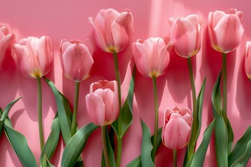 Creative layout made of pink tulips on pink background,  Flat lay, top view