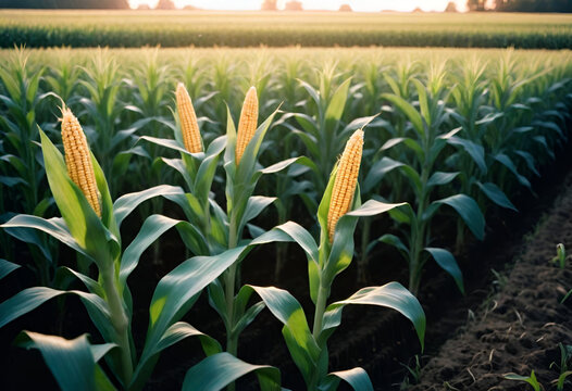 Landscape of green corn field in the morning.