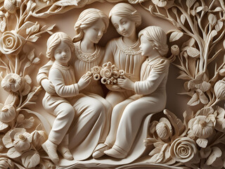 Amazing Illustration Art  white carved relief art sculpture with  cute kids mother with cat on branch and roses, ornate decorative wallpaper