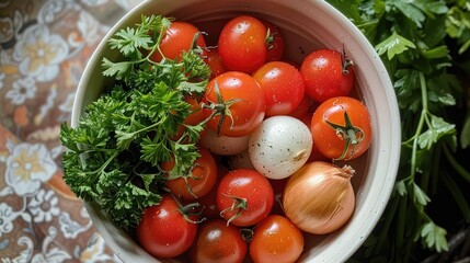 Bowl of fresh garden vegetables including tomatoes onions and parsley. top view. Generative AI.