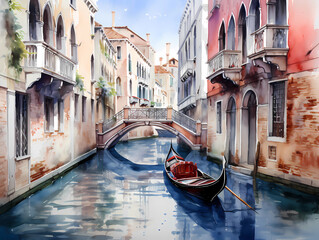 Watercolor Venice with Gondola Wall Art, generated ai - obrazy, fototapety, plakaty