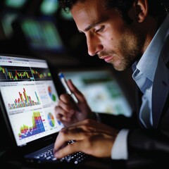 Analytical man using a laptop to review financial data with graphs, aiming for strategic investment and management success