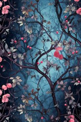 Illustration of a tree with pink flowers on a dark blue background