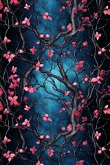 Watercolor hand drawn illustration of cherry blossom tree branches with pink flowers on dark blue background